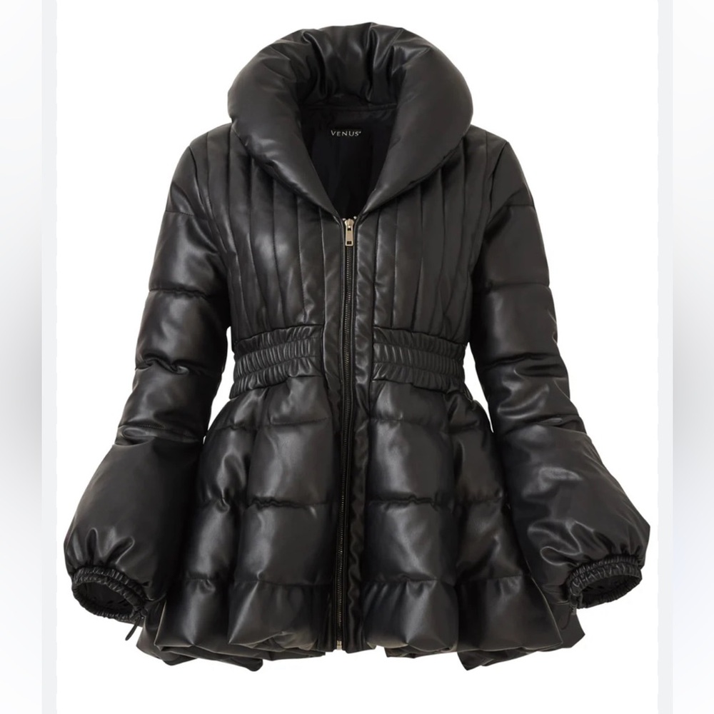 Venus Faux Leather Peplum Puffer Coat – Size 2, New without tag